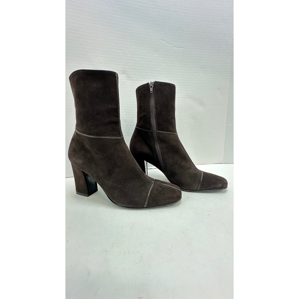 Vintage Dark Brown Suede Block Heel Ankle Boots Square Toe Leather Trim 7